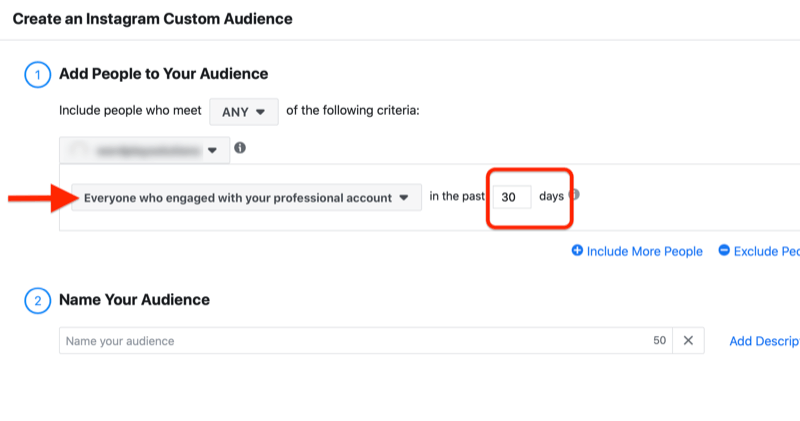 ponuka na vytvorenie vlastného publika instagramu s možnosťou pridať ľudí, ktorí sa za posledných 30 dní zapojili do vášho profesionálneho účtu
