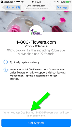 Odoslanie správy na stránku 1-800-Flowers.com prostredníctvom ich stránky na Facebooku uľahčí používateľom stať sa zákazníkom.