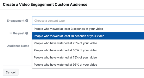 Ako propagovať svoje živé vysielanie na Facebooku, krok 9, vytvorte kampaň na zapojenie videa od ľudí, ktorí si pozreli aspoň 10 sekúnd vášho videa