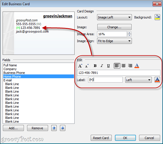 Formátovanie polí vo formáte vCard v programe Outlook 2010