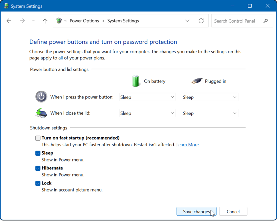 vypnite rýchle spustenie systému Windows 11