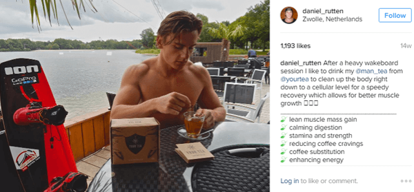 Športovec Daniel Rutten pózuje s Man Tea a zdôrazňuje výhody pre svojich nasledovníkov na Instagrame.