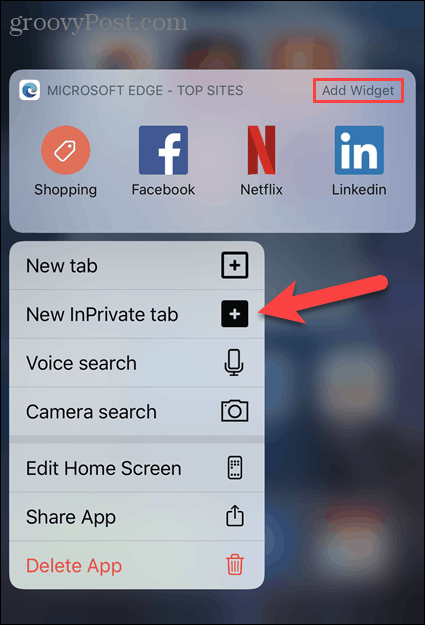 Vyberte ikonu Nová karta InPrivate na ikonu Edge v systéme iOS