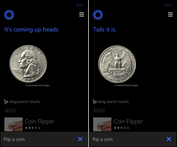 Cortana hodí mincou