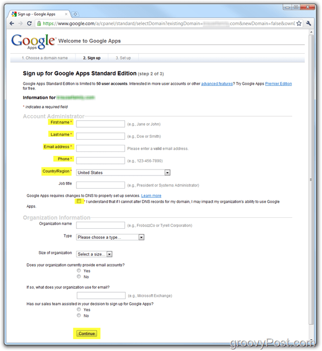 Zadajte doménu do služby Google Apps Standard Edition