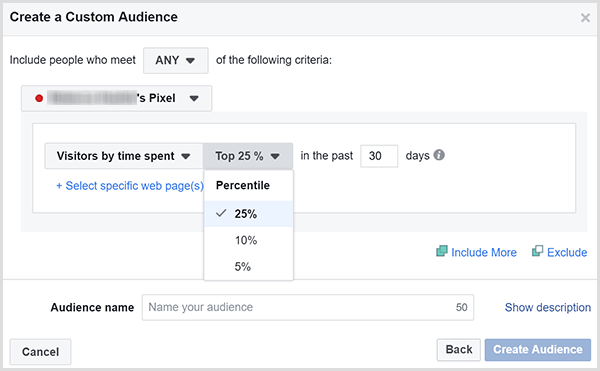 Dialógové okno Vytvoriť vlastné publikum na Facebooku obsahuje možnosti zacielenia reklám na zákazníkov, ktorí na vašom webe strávili najviac času.