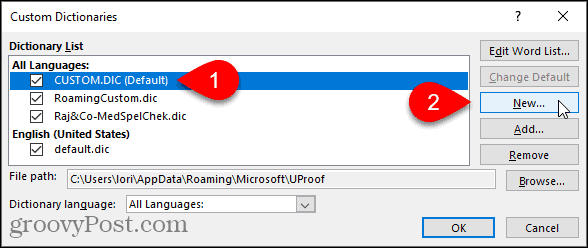 Kliknite na položku Nový v dialógovom okne Vlastné slovníky v programe Word