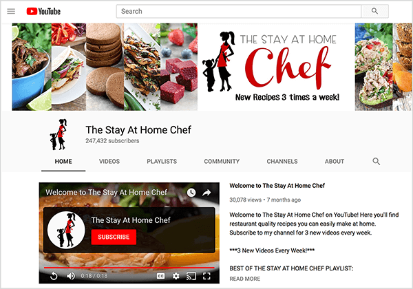 Toto je snímka obrazovky kanála The Stay At Home Chef na YouTube. Na titulnej snímke sú tesne orezané fotografie niekoľkých jedál a silueta ženy, ktorá kráča a drží za ruku malé dieťa. Vedľa siluety je uvedený názov kanála YouTube a text „Nové recepty trikrát týždenne!“ Kanál má 247 432 predplatiteľov. Vyberie sa karta Domov, kde sa vľavo zobrazí uvítacie video a vpravo uvítacia správa. Rachel Farnsworth tvrdí, že YouTube má v porovnaní s YouTube vyššiu mieru udržania divákov.