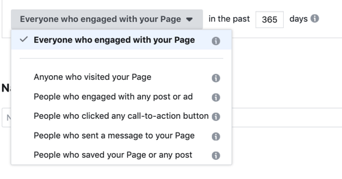 Rámec interakcie rámca s reklamnými zúženiami na Facebooku vlastné publikum.