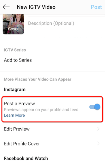 instagram igtv nové možnosti ponuky videa s aktivovanou možnosťou zverejnenia ukážky