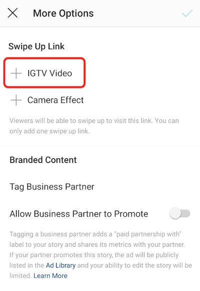 možnosti ponuky instagram na pridanie odkazu potiahnutím nahor so zvýraznenou možnosťou videa IGTV