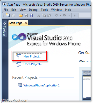 otvoriť nový projekt Windows 7 pre vizuálne štúdio
