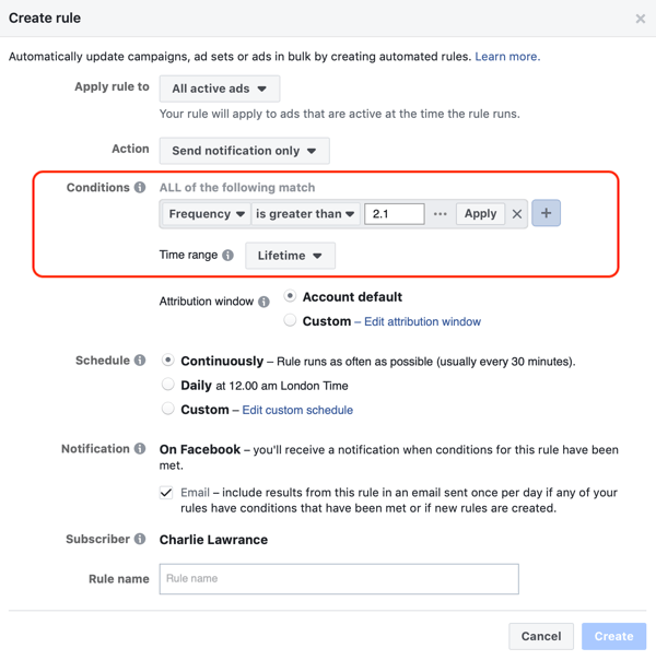 Používajte automatické pravidlá Facebooku, upozornenie, keď je frekvencia reklamy vyššia ako 2,1, krok 2, nastavenie podmienok