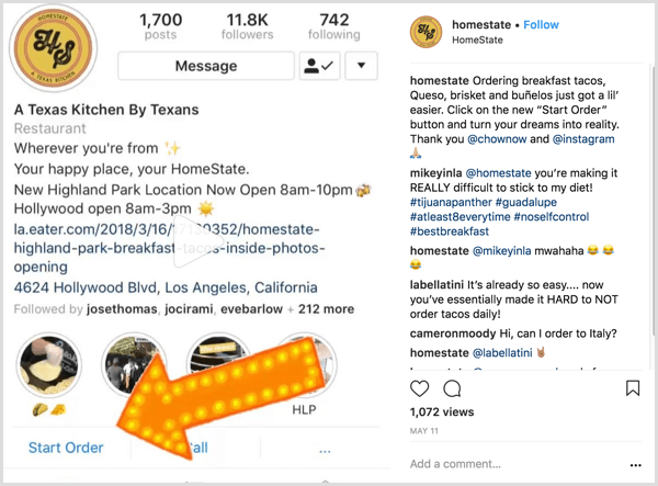 príklad obchodného príspevku na Instagrame, ktorý ukazuje používateľom, ako používať tlačidlo akcie Spustiť objednávku