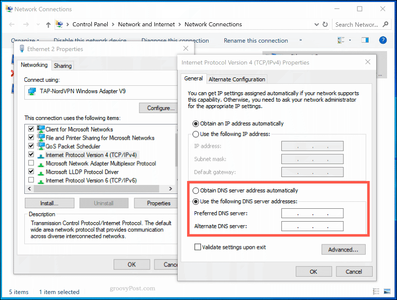 Okno nastavení DNS pre sieťové pripojenie v systéme Windows 10