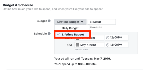 Tipy na zníženie nákladov na reklamu na Facebooku, možnosť nastaviť rozpočet kampane na doživotný rozpočet