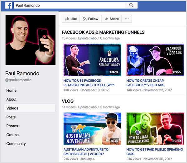 Miniatúry videí na Facebooku na stránke Paula Ramonda na Facebooku majú text, ktorý zaberá menej ako 20 percent miniatúry.