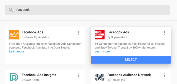 Použite Google Data Studio na analýzu svojich reklám na Facebooku, krok 4, možnosť použiť ako zdroj údajov konektor Facebook Ads od spoločnosti Supermetrics
