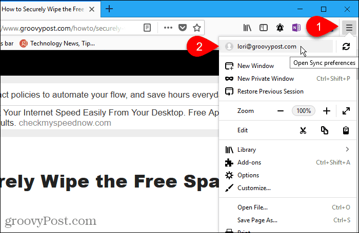 V prehliadači Firefox pre Windows otvorte položku Predvoľby synchronizácie