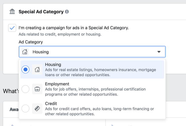 Možnosti špeciálnej kategórie reklamy na Facebooku v rozbaľovacej ponuke Kategória reklamy