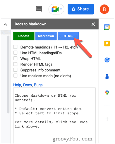 Konvertujte do HTML pomocou Dokumentov na Markdown v Dokumentoch Google