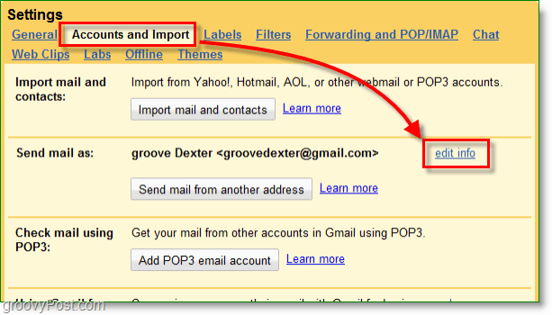 kliknite na svoje e-mailové účty a tlačidlo importu a potom upravte informácie