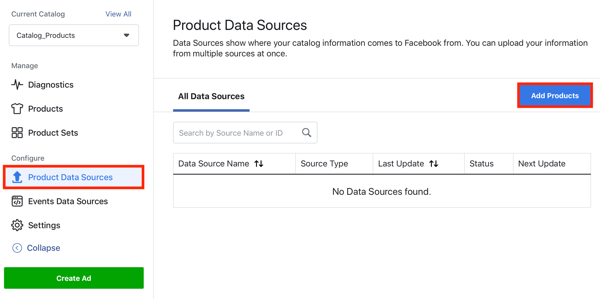 Pomocou nástroja na nastavenie udalostí na Facebooku, krok 22, možnosť ponuky, pridajte produkty prostredníctvom karty zdrojov údajov o produktoch na Facebooku