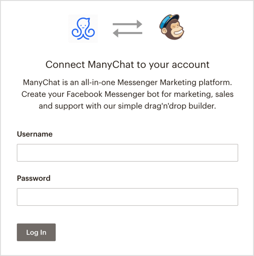 Prihláste sa do svojho účtu MailChimp cez ManyChat.