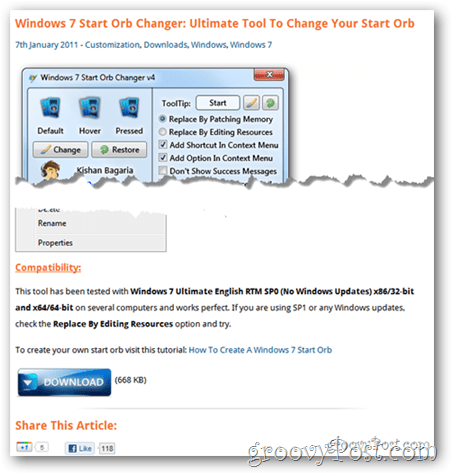 Windows 7 Spustite nástroj Orb Changer
