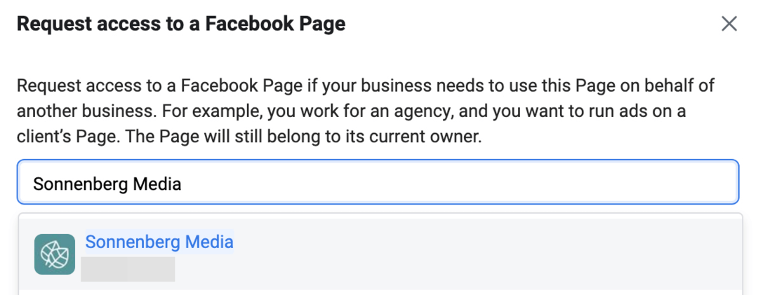 obrázok obrazovky Požiadať o prístup na stránku Facebook v aplikácii Meta Business Manager