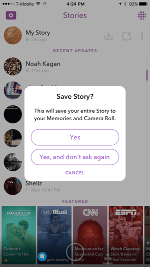 Klepnutím na Áno uložte svoj príbeh Snapchat.
