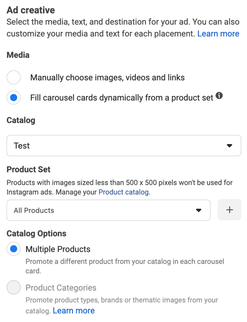 obrázok Dynamicky dopĺňať karuselové karty z možnosti sady produktov vybratej počas nastavovania reklamy na Facebooku