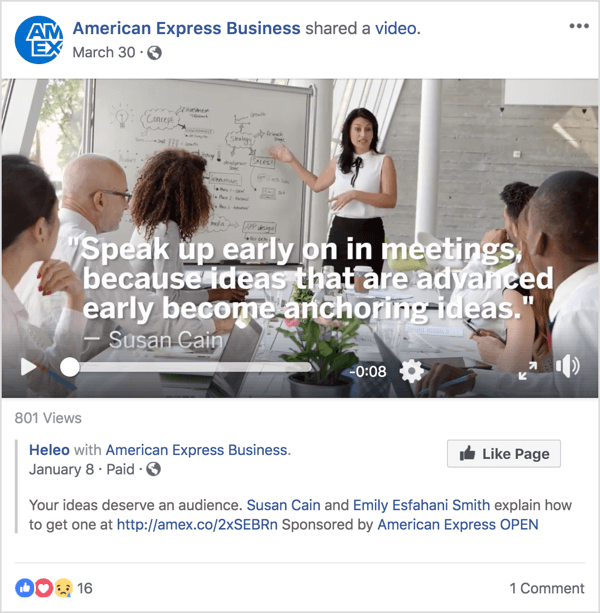 Táto reklama na Facebooku pre American Express Business predstavuje Susan Cain, známu odborníčku na vedenie a správu, ktorá sa preslávila nedávnym TED Talk.
