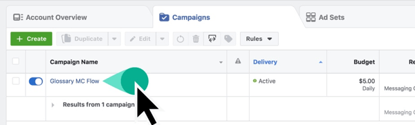 Vyhľadajte názov svojej kampane v aplikácii Facebook Ads Manager.