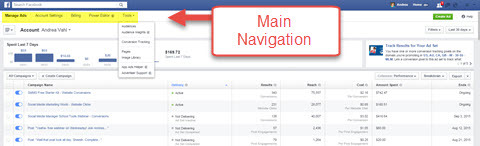 hlavná navigácia správcu facebookových reklám