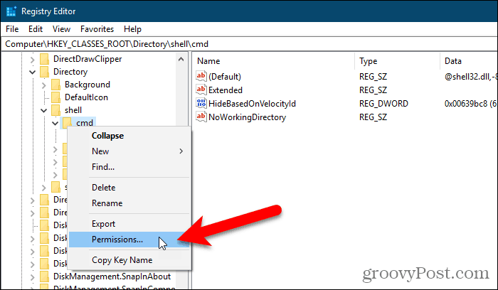 Vyberte položku Povolenia pre kľúč v editore databázy Registry systému Windows