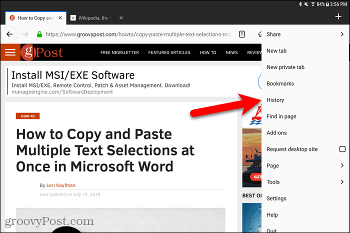 V prehliadači Firefox pre Android klepnite na História