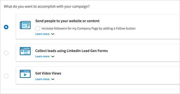 Vyberte cieľ kampane pre svoju videoreklamnú kampaň LinkedIn.