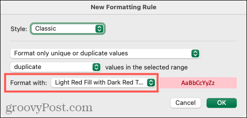 Vyberte možnosť Formátovanie pre duplikáty v programe Excel v systéme Mac