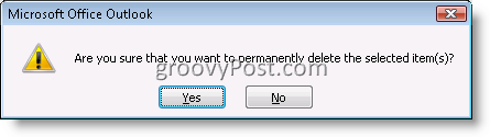 Potvrdzovacie pole programu Outlook na trvalé odstránenie položky e-mailu 