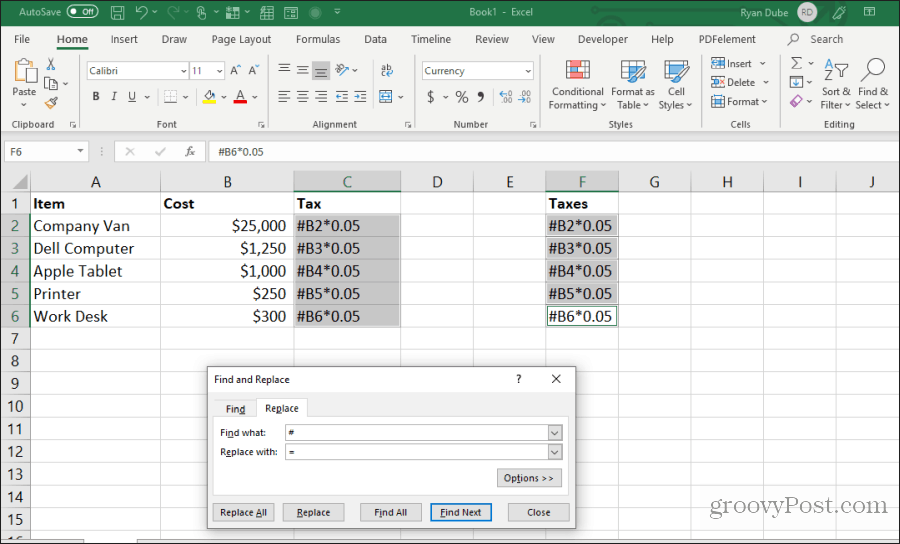hľadať a nahradiť vzorec v Exceli
