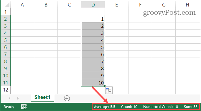 Stavový riadok programu Excel pre vybrané bunky