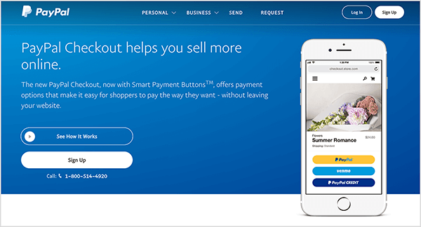 Toto je snímka obrazovky webovej stránky služby PayPal Checkout. Má modré pozadie a biely text. Nadpis hovorí „PayPal Checkout vám pomôže predať viac online.“ Pod nadpisom sa nachádzajú dve tlačidlá: modré s označením Pozri ako na to Diela a biela s označením Prihlásiť sa. Vpravo je obrázok smartfónu s funkciou PayPal Checkout v mobilnom telefóne webovú stránku.