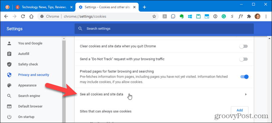 V nastaveniach prehliadača Chrome kliknite na Zobraziť všetky súbory cookie a údaje o stránkach