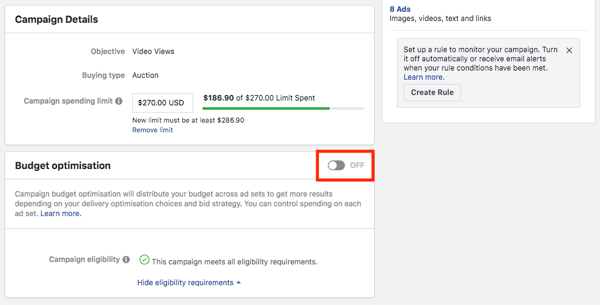 Možnosť optimalizácie rozpočtu Facebook kampane.