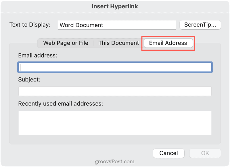 Odkaz na e-mail v programe Word v systéme Mac