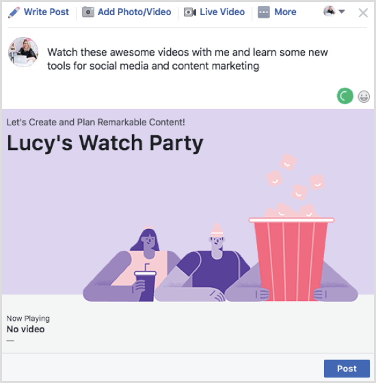 Kliknutím na tlačidlo Odoslať zverejníte svoj príspevok na Facebook Watch Party.