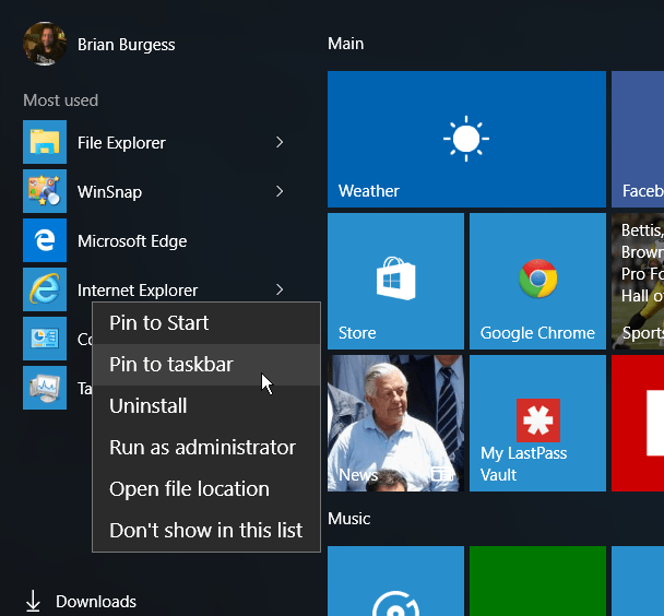IE Štart Menu Windows 10