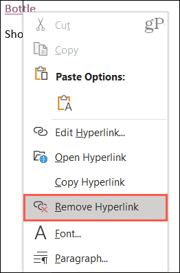 Kliknite pravým tlačidlom myši a vyberte príkaz Odstrániť hypertextový odkaz