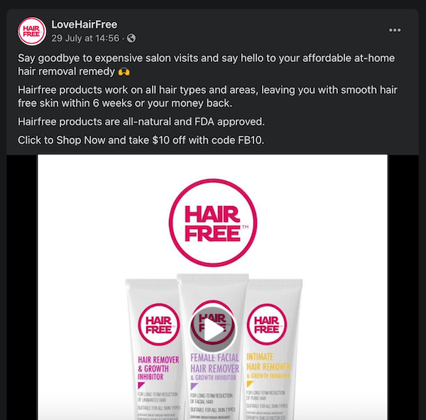 facebookový príspevok od lovehairfree, ktorý si všimol svoje výrobky na odstraňovanie chĺpkov ich porovnaním s drahými návštevami salónov